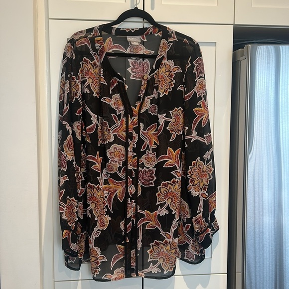 Liz Claiborne Signature Women Floral Sheer V-Neck Long Sleeve Sheer Blouse - Picture 6 of 13